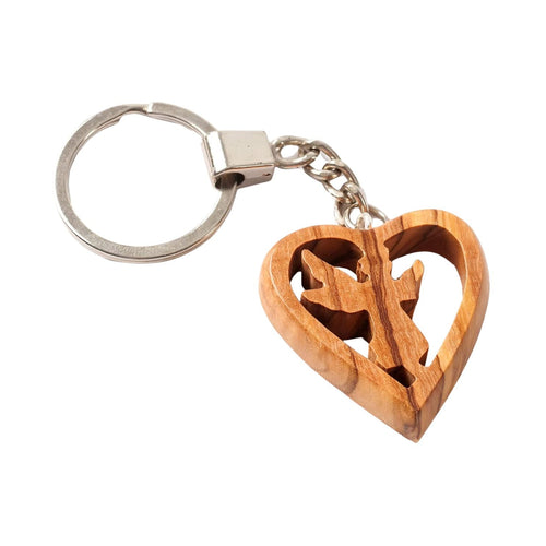 Guardian angel keychain in a heart made of olive wood