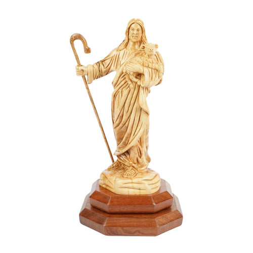 The Good Shepherd in olive wood – Hand-carved Jesus figure with lamb (26.5 cm)