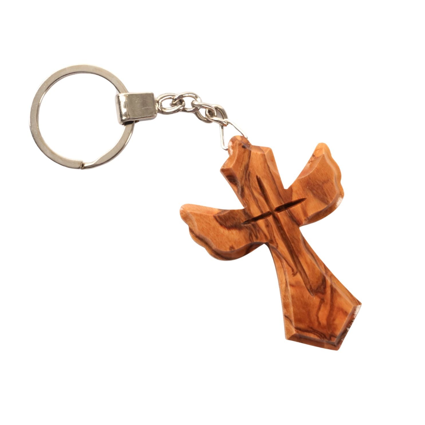 Schlüsselanhänger Kreuz in Engel-Form aus Olivenholz | Schutzengel Glücksbringer als Geschenk zur Taufe, Kommunion & Geburtstag