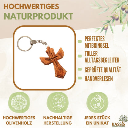 Schlüsselanhänger Kreuz in Engel-Form aus Olivenholz | Schutzengel Glücksbringer als Geschenk zur Taufe, Kommunion & Geburtstag