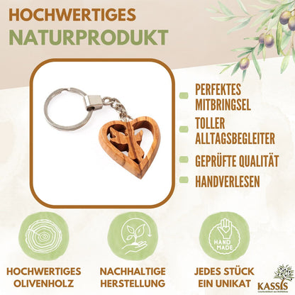 Guardian angel keychain in a heart made of olive wood