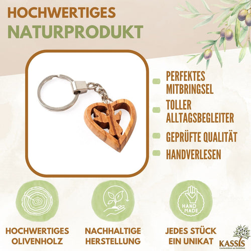 Guardian angel keychain in a heart made of olive wood