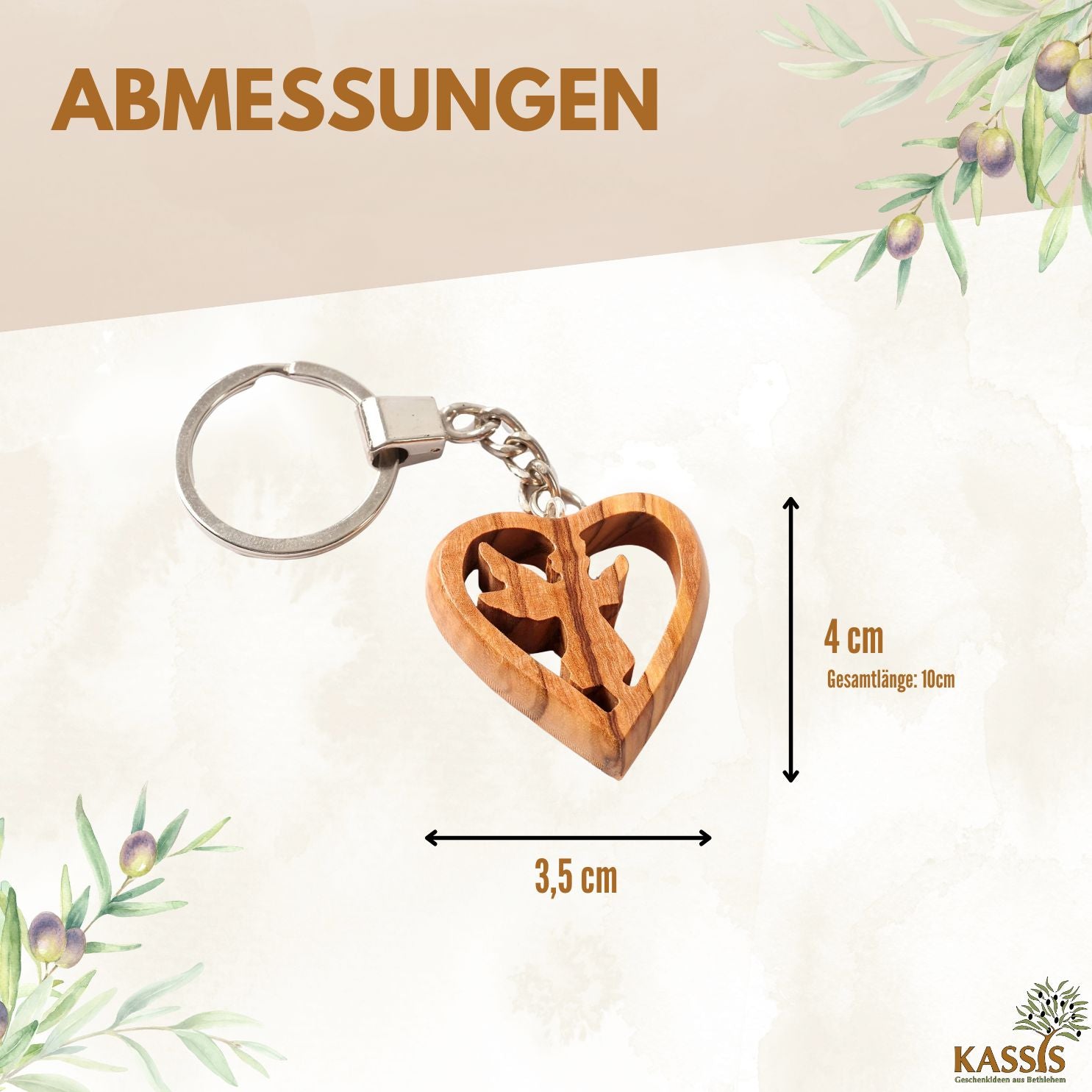 Guardian angel keychain in a heart made of olive wood