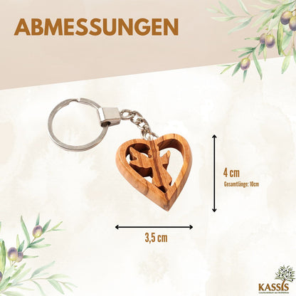 Guardian angel keychain in a heart made of olive wood