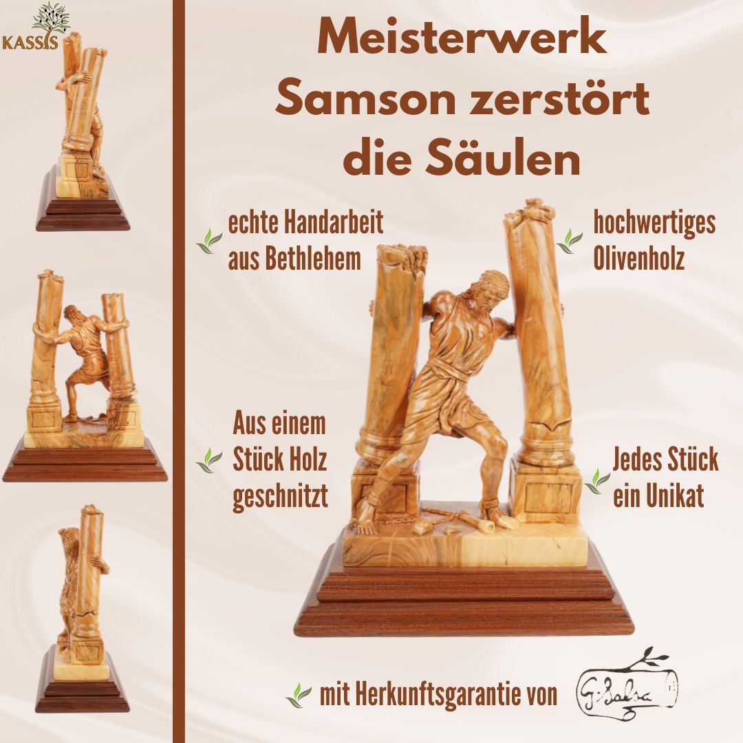 Hand-carved sculpture "Samson destroys the pillars" – olive wood art from Bethlehem (28 cm)