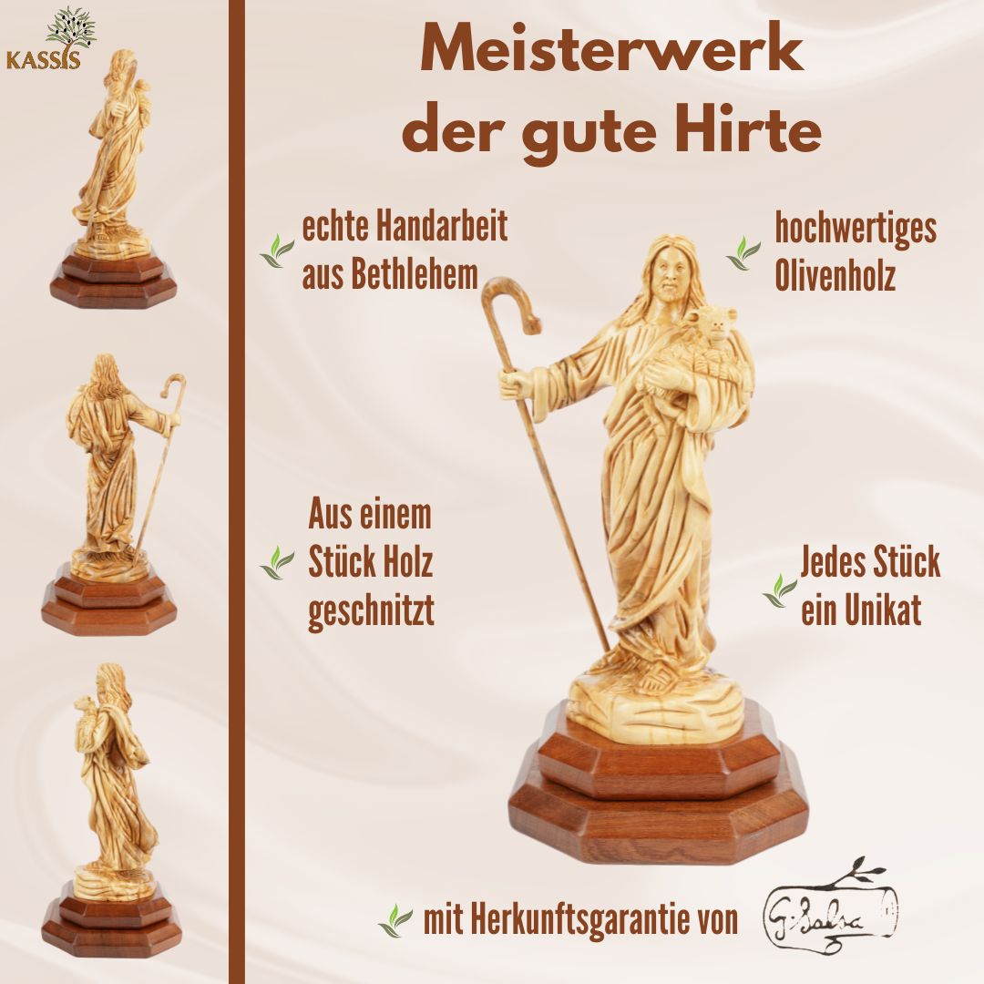 The Good Shepherd in olive wood – Hand-carved Jesus figure with lamb (26.5 cm)