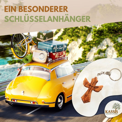 Schlüsselanhänger Kreuz in Engel-Form aus Olivenholz | Schutzengel Glücksbringer als Geschenk zur Taufe, Kommunion & Geburtstag