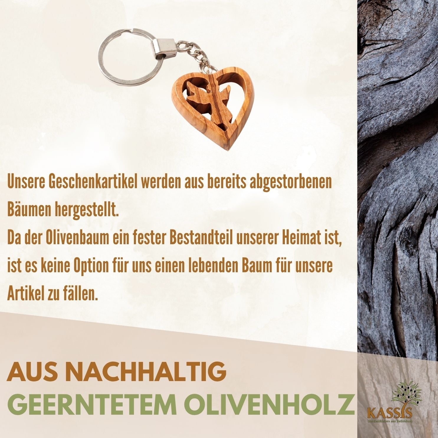 Guardian angel keychain in a heart made of olive wood
