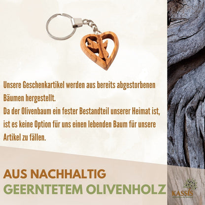 Guardian angel keychain in a heart made of olive wood
