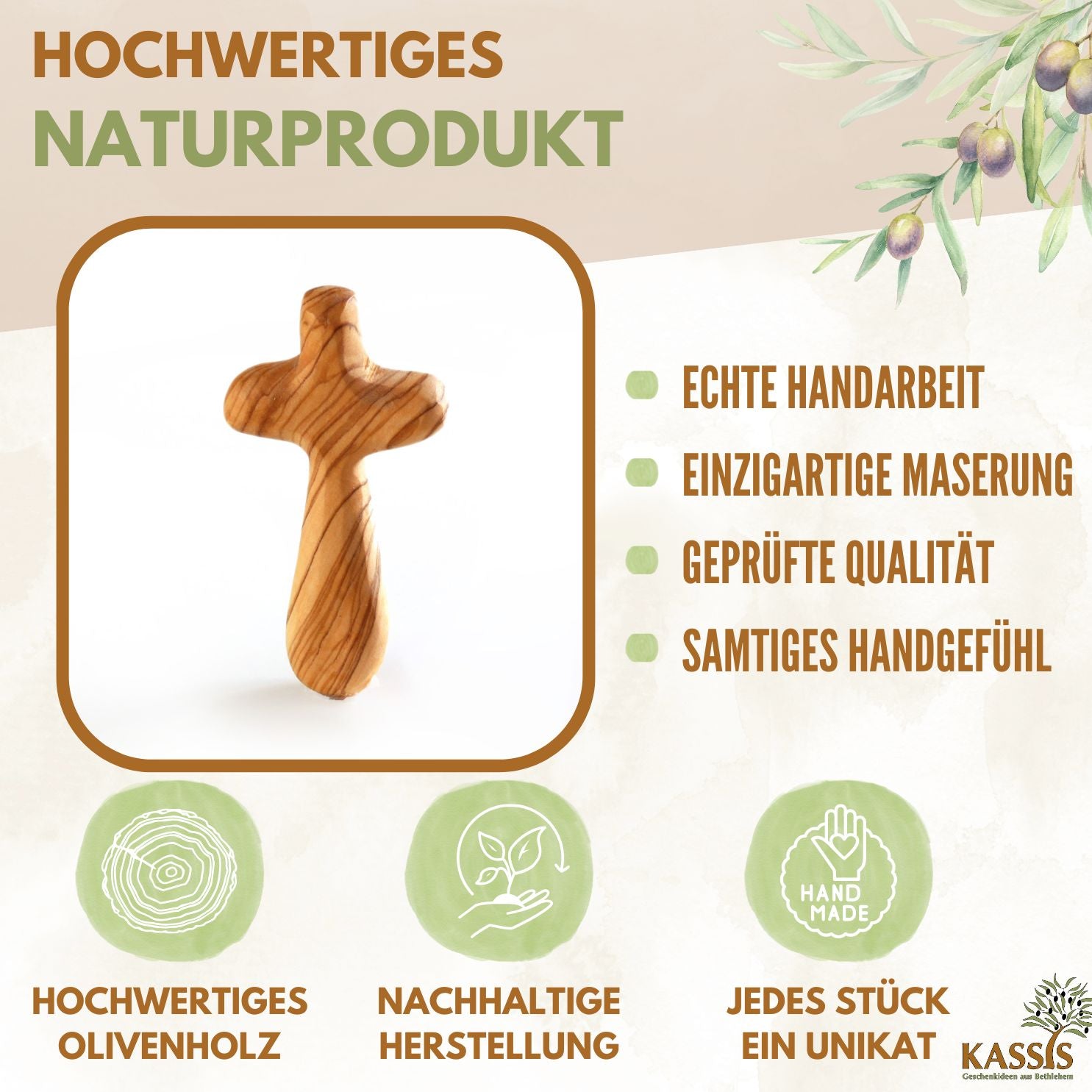 Kreuz Handschmeichler aus Olivenholz | Kleines Handkreuz als Glücksbringer & Geschenk zur Taufe, Kommunion oder Trost