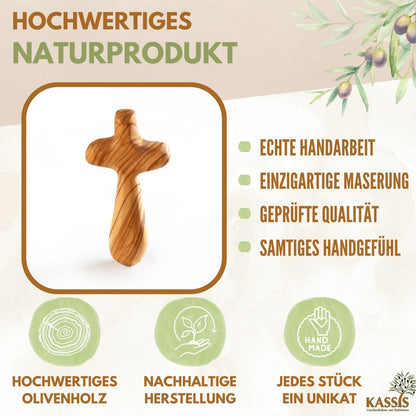Kreuz Handschmeichler aus Olivenholz | Kleines Handkreuz als Glücksbringer & Geschenk zur Taufe, Kommunion oder Trost