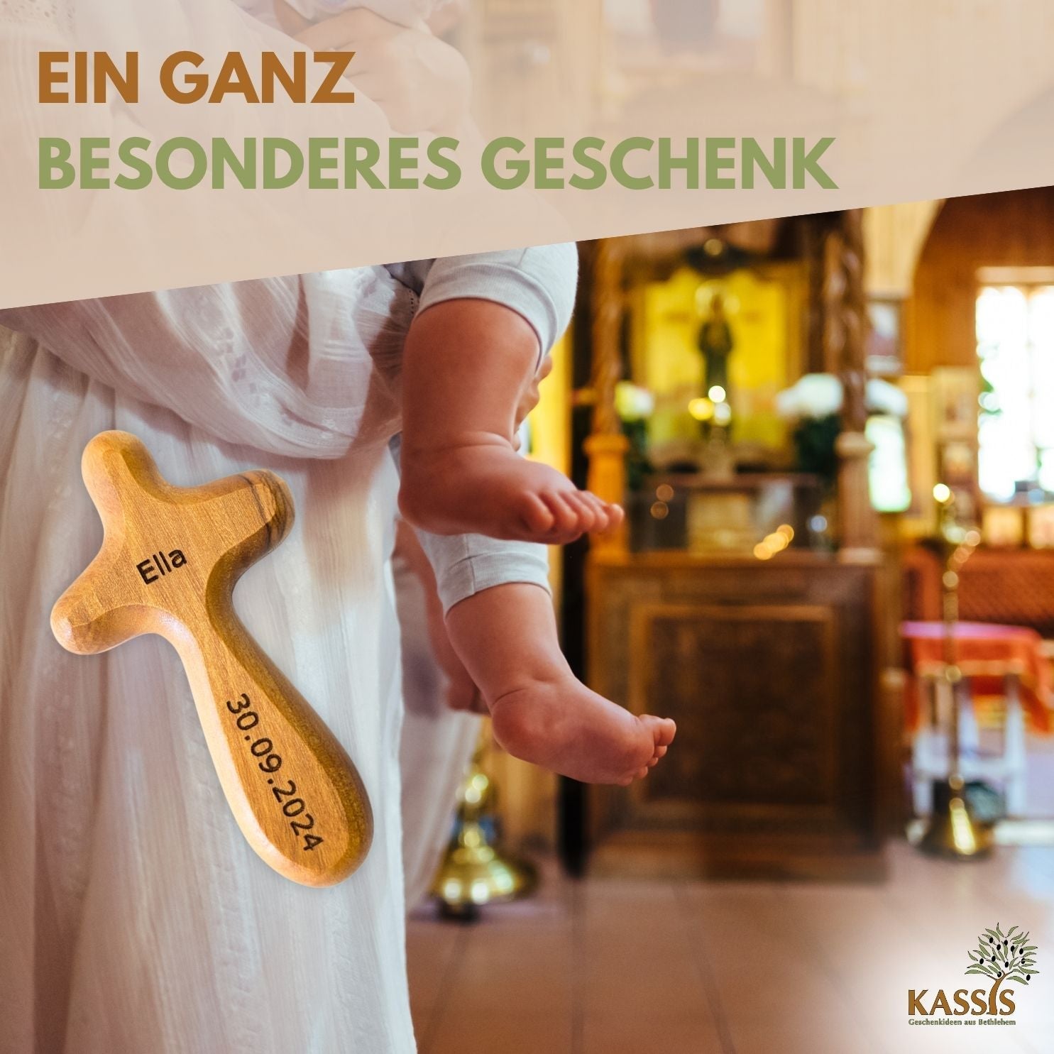 Kreuz Handschmeichler aus Olivenholz | Kleines Handkreuz als Glücksbringer & Geschenk zur Taufe, Kommunion oder Trost