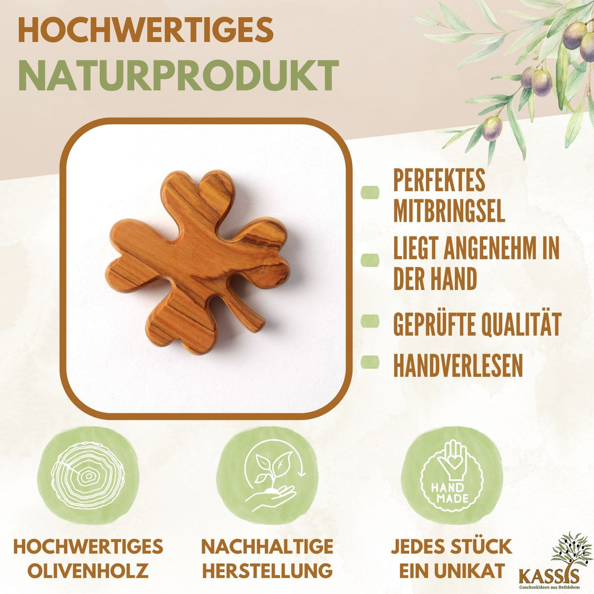 Cloverleaf as a lucky charm made of olive wood