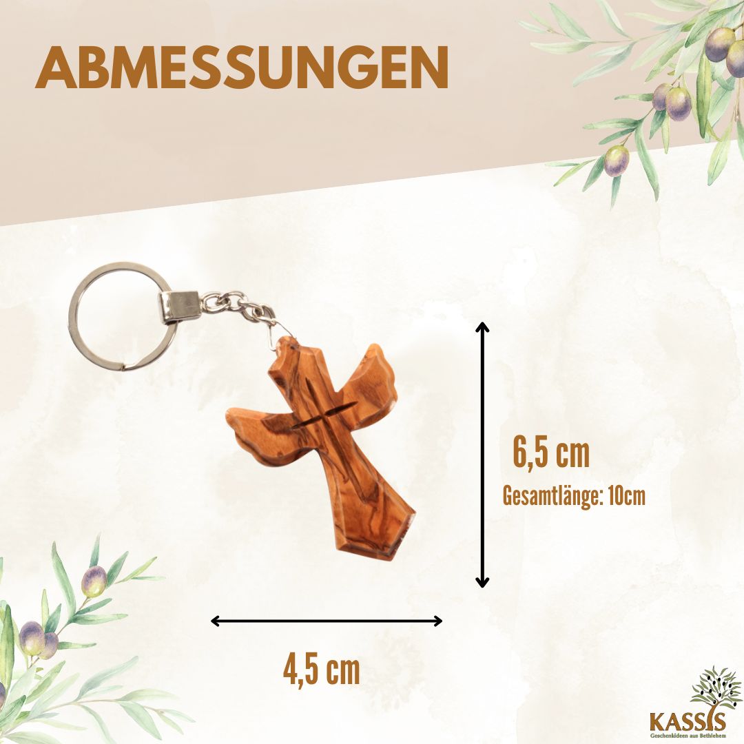 Schlüsselanhänger Kreuz in Engel-Form aus Olivenholz | Schutzengel Glücksbringer als Geschenk zur Taufe, Kommunion & Geburtstag