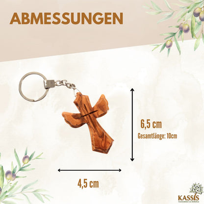 Schlüsselanhänger Kreuz in Engel-Form aus Olivenholz | Schutzengel Glücksbringer als Geschenk zur Taufe, Kommunion & Geburtstag