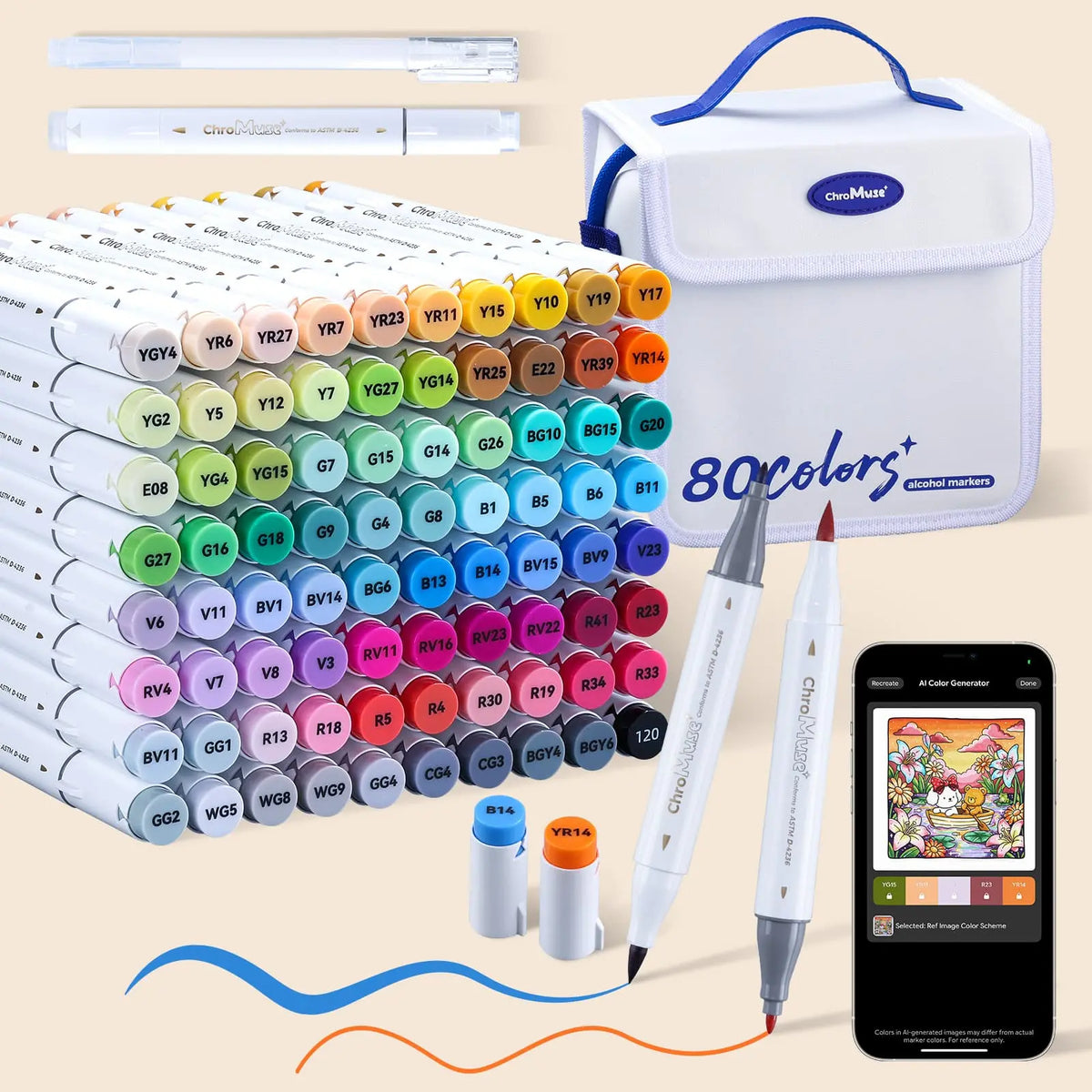 ChroMuse Japanese-Quality 48 Vibrant Colors Dual Tip Alcohol Markers Set with Companion App, Back to School, 1 Colorless Blender, 1 Highlight Pen, Premium Leather Case for Adult Coloring, DIY Creators, Designers with Seamless Blending, Coloring Supplies,,