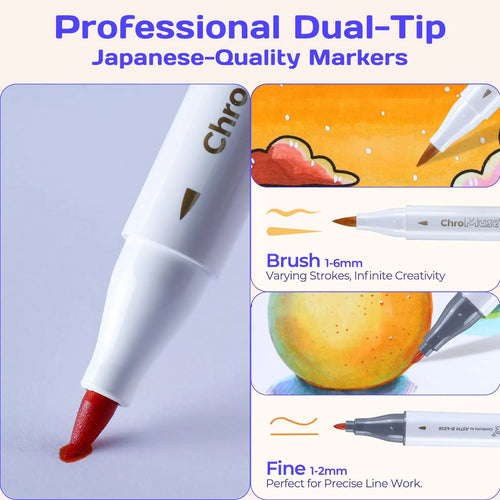 ChroMuse Japanese-Quality 48 Vibrant Colors Dual Tip Alcohol Markers Set with Companion App, Back to School, 1 Colorless Blender, 1 Highlight Pen, Premium Leather Case for Adult Coloring, DIY Creators, Designers with Seamless Blending, Coloring Supplies,,
