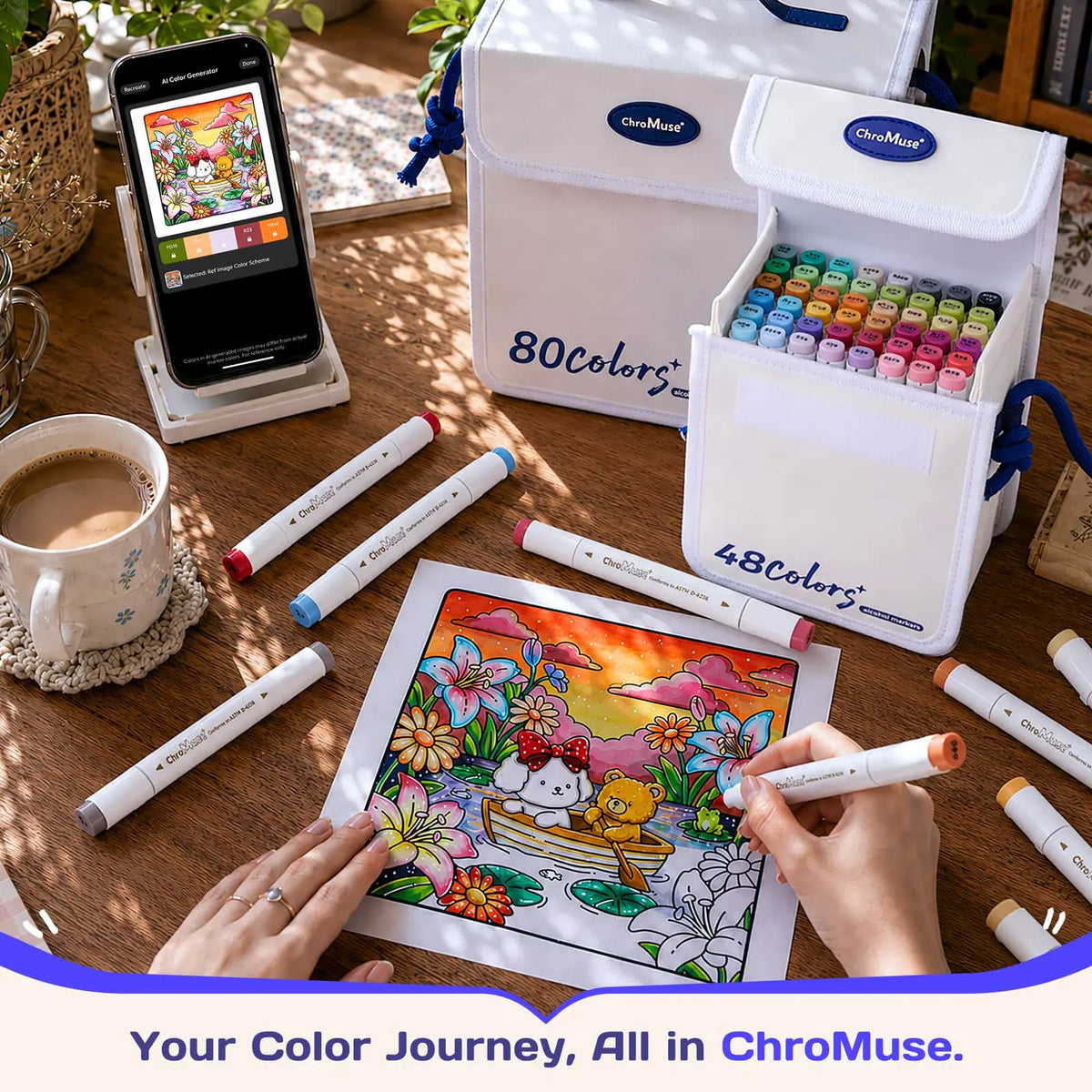 ChroMuse Japanese-Quality 48 Vibrant Colors Dual Tip Alcohol Markers Set with Companion App, Back to School, 1 Colorless Blender, 1 Highlight Pen, Premium Leather Case for Adult Coloring, DIY Creators, Designers with Seamless Blending, Coloring Supplies,,