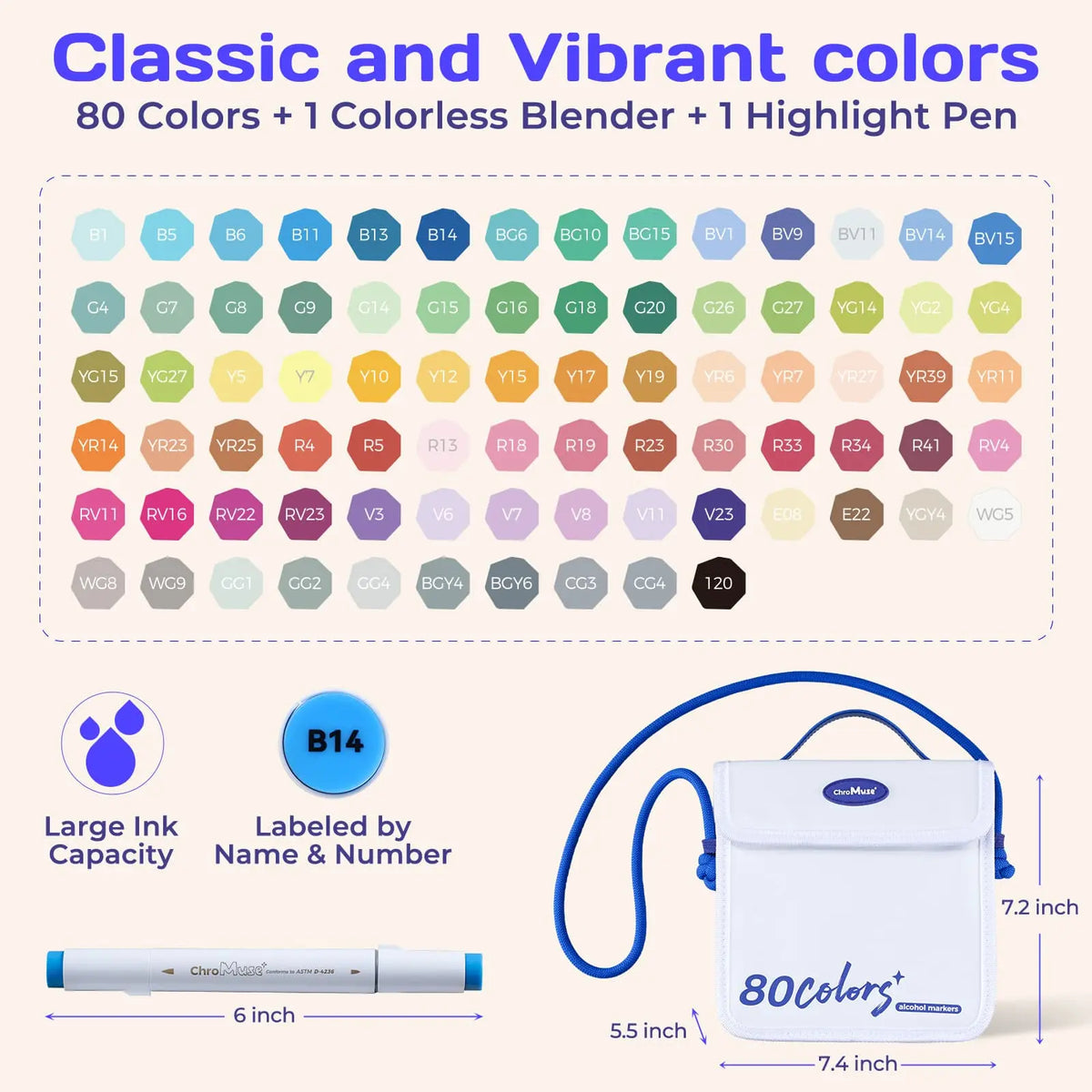 ChroMuse Japanese-Quality 48 Vibrant Colors Dual Tip Alcohol Markers Set with Companion App, Back to School, 1 Colorless Blender, 1 Highlight Pen, Premium Leather Case for Adult Coloring, DIY Creators, Designers with Seamless Blending, Coloring Supplies,,