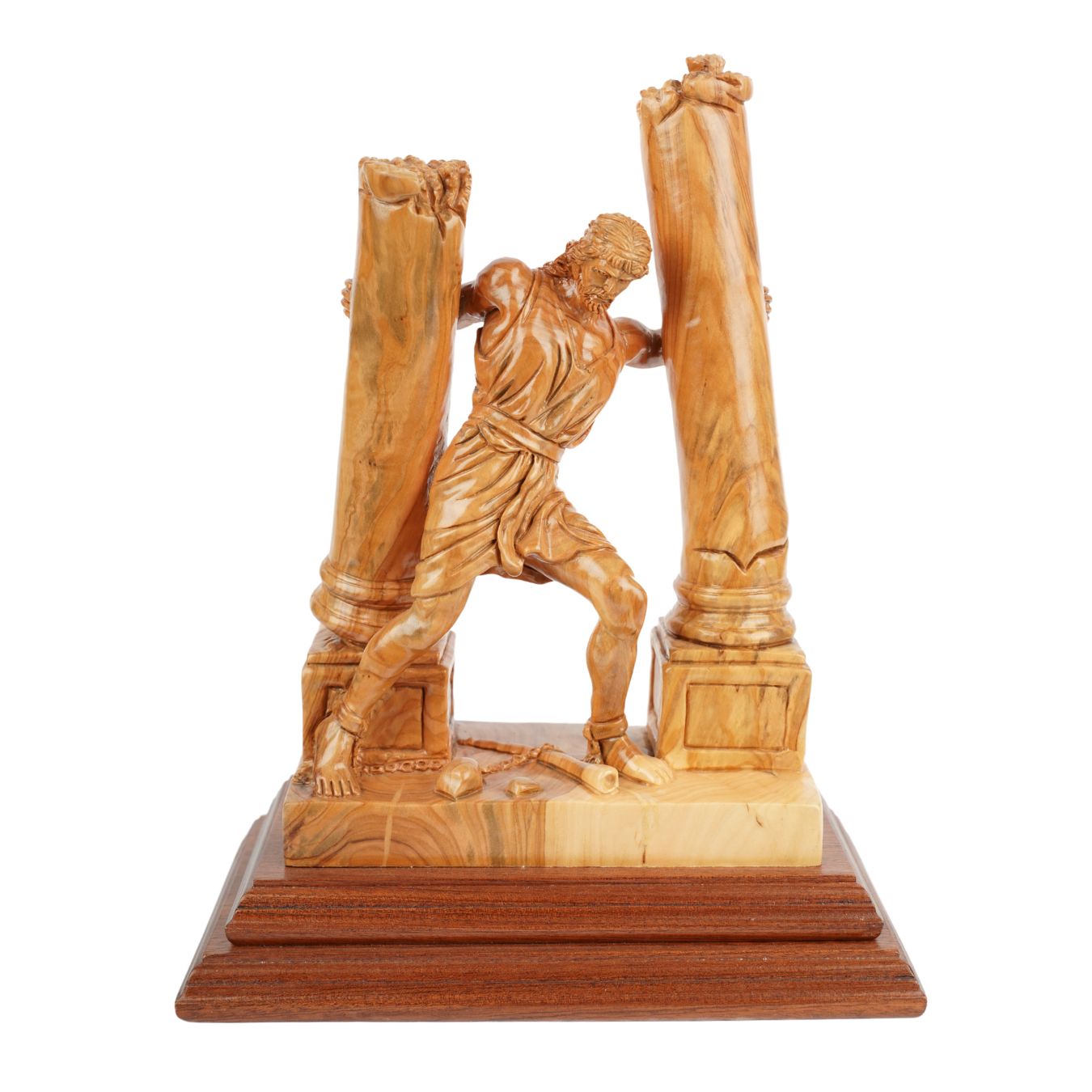 Hand-carved sculpture "Samson destroys the pillars" – olive wood art from Bethlehem (28 cm)
